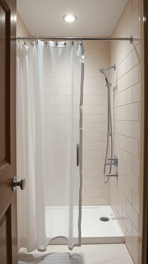 A clear shower curtain hanging in a small, light-colored bathroom with tiled walls.