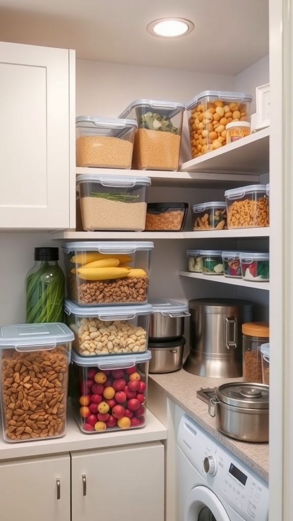 Organized kitchen pantry with clear storage containers filled with various foods