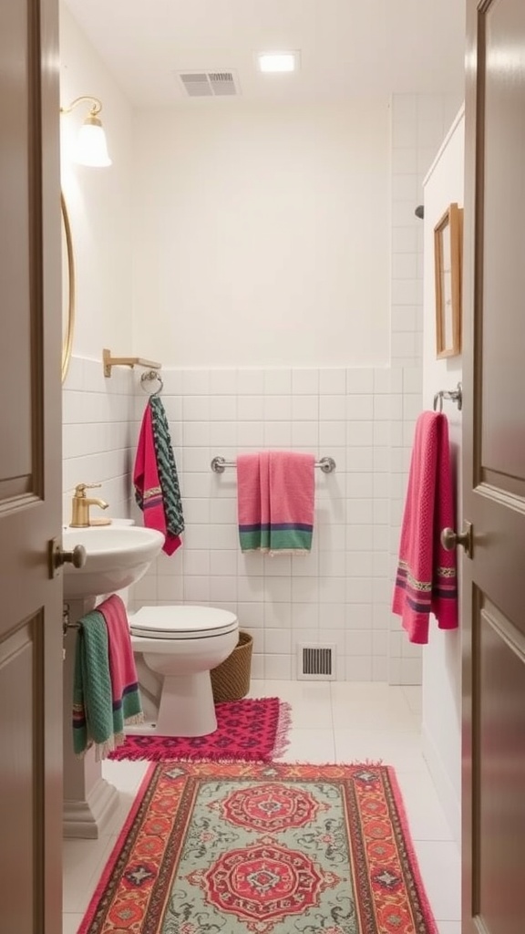 Small full bathroom featuring colorful towels, a patterned rug, and gold fixtures.