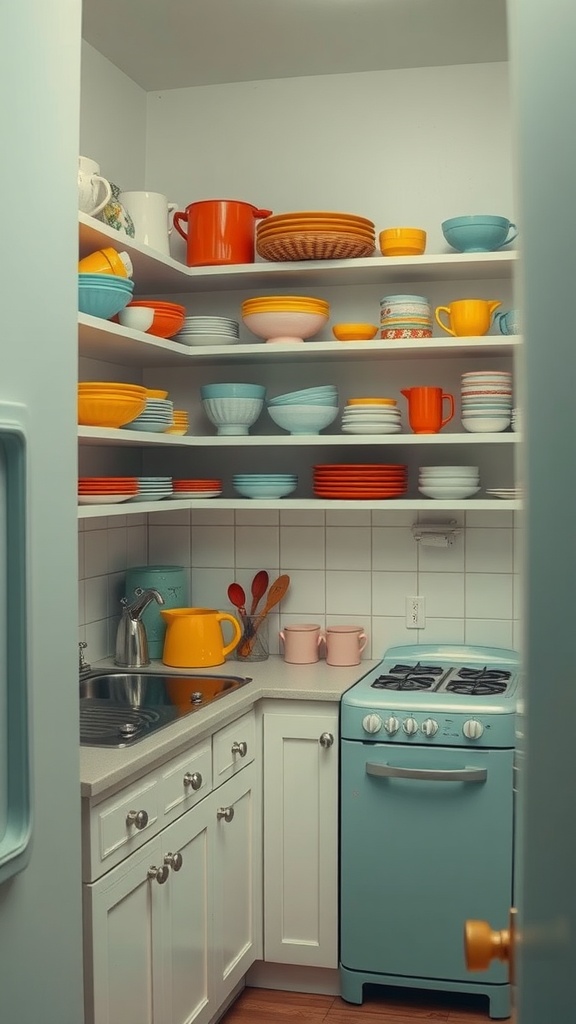 A cozy cottage kitchen showcasing colorful dishware on shelves.