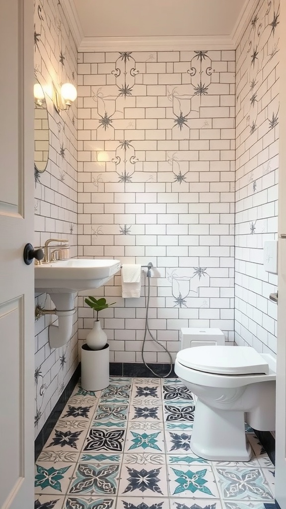 Small bathroom with decorative tiles on the floor and subway tiles on the walls.