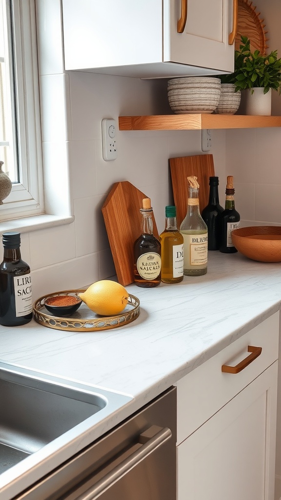 A small kitchen countertop displaying a decorative tray with a lemon and spices, surrounded by jars of oils and wooden cutting boards.