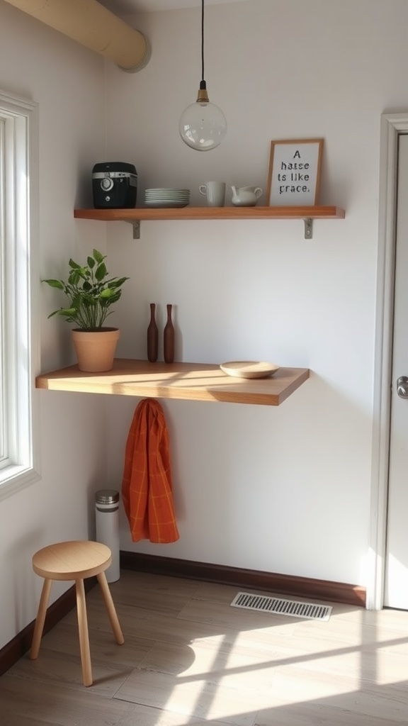 A cozy kitchen corner featuring a floating table, a stool, and a decorative shelf with kitchen items and a plant.