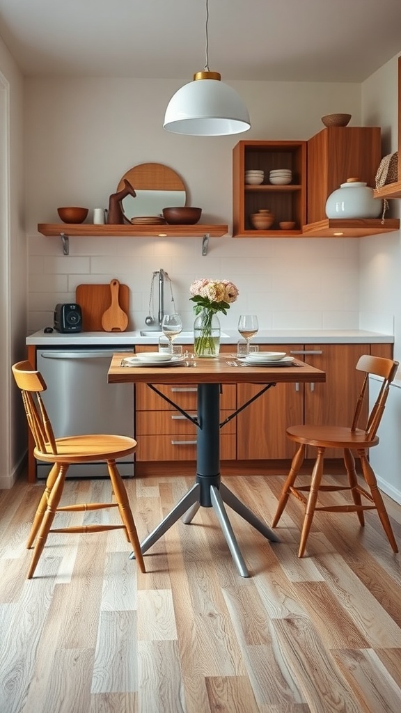 A small, stylish kitchen with a foldable table set for two, featuring wooden cabinets and a vase of flowers.