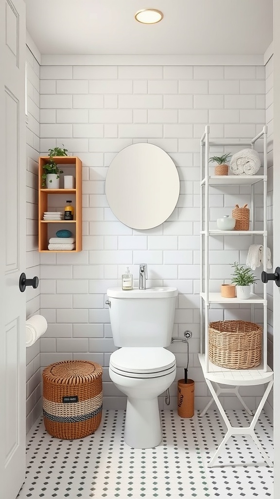 Small bathroom with foldable furniture and stackable shelves for storage