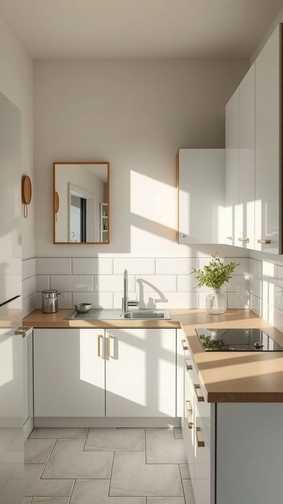A small kitchen with white cabinets, wooden countertops, and a mirror reflecting light.