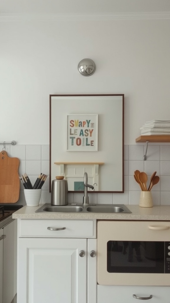 A modern kitchen with a framed mirror above the sink, showcasing a clean and bright design.