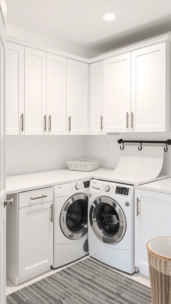 Laundry room featuring utility cabinets and a folding station with white cabinets, washer and dryer.