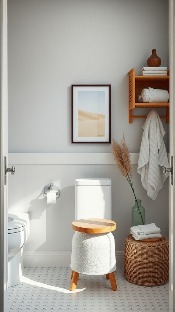 A small full bathroom featuring a multi-functional stool, woven basket, and wooden shelf.