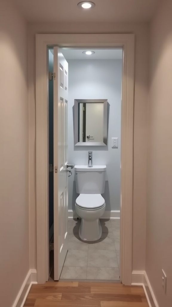 A small bathroom featuring a pocket door, showcasing space-saving design.