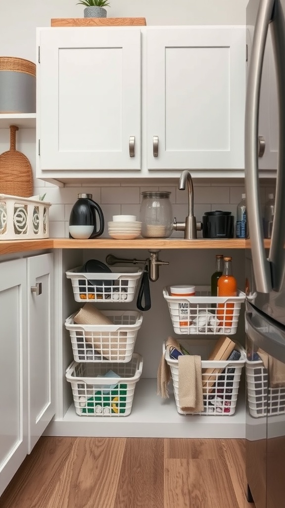 Organized under-sink storage in a small kitchen with white baskets and wooden countertop.