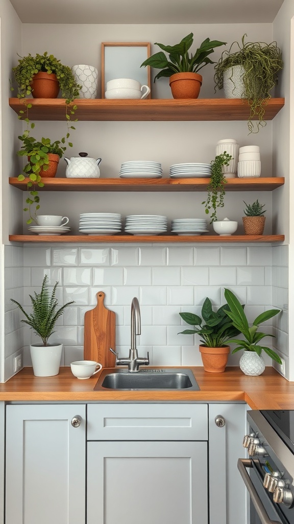 A modern small kitchen featuring wooden shelves with plants and dishes above a sink.