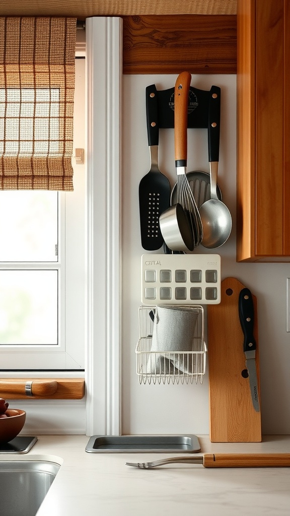 Wall space utilized for utensil storage in a cottage kitchen.