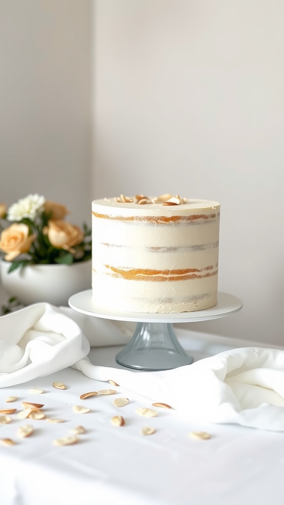 A beautifully decorated vanilla bean and almond wedding cake on a stand, with almond slivers on top and flowers in the background.