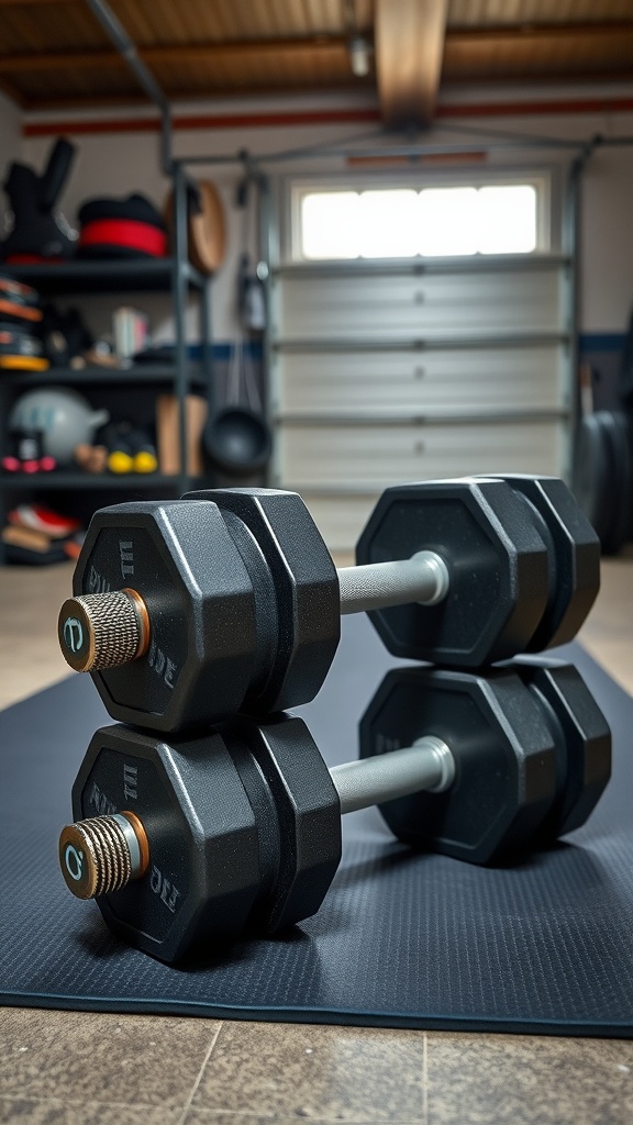 A pair of adjustable dumbbells on a workout mat in a garage gym setting.