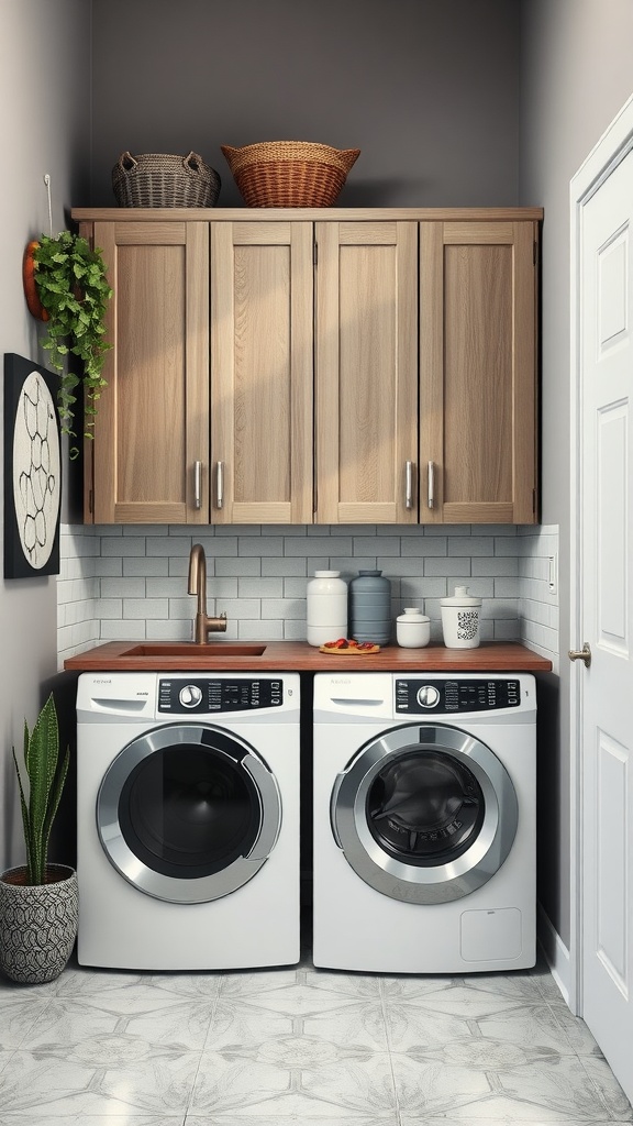 A modern laundry room with vertical cabinets, washer and dryer, and decorative elements.