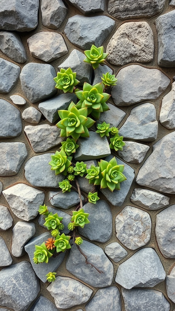 Succulents growing on a stone wall, showcasing a vertical garden design.