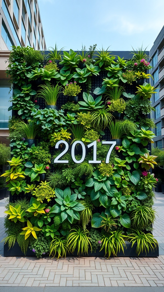 A vertical garden wall with various green plants and the number 2017 displayed prominently.