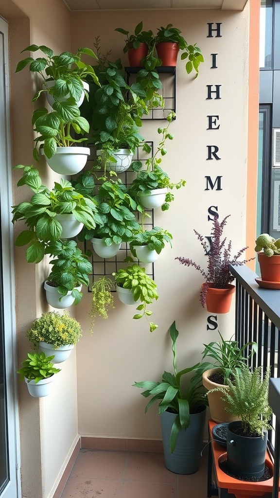 A variety of herbs growing vertically on a balcony, with pots attached to a wall, showcasing a green and fresh look.