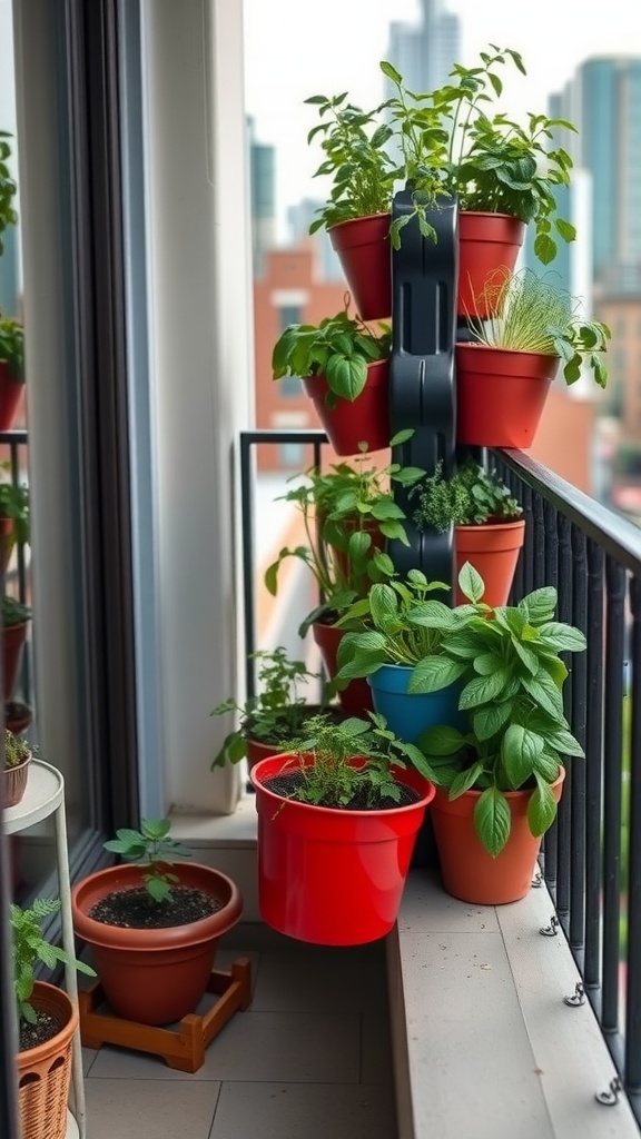 A vertical herb garden on a balcony with stacked red pots containing various herbs.