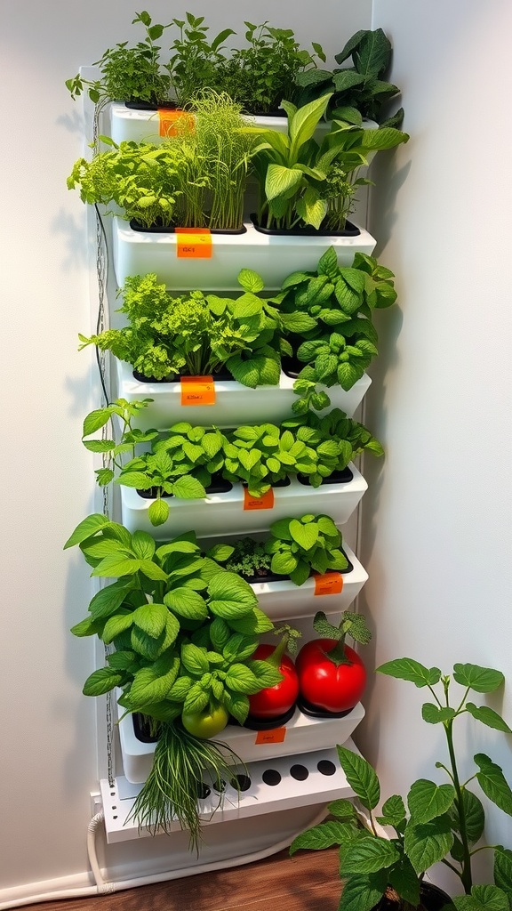 Vertical hydroponic wall with various herbs and tomatoes