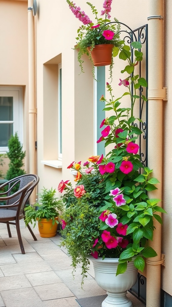 A vibrant vertical planter with colorful flowers in pots against a wall, showcasing space-efficient gardening.