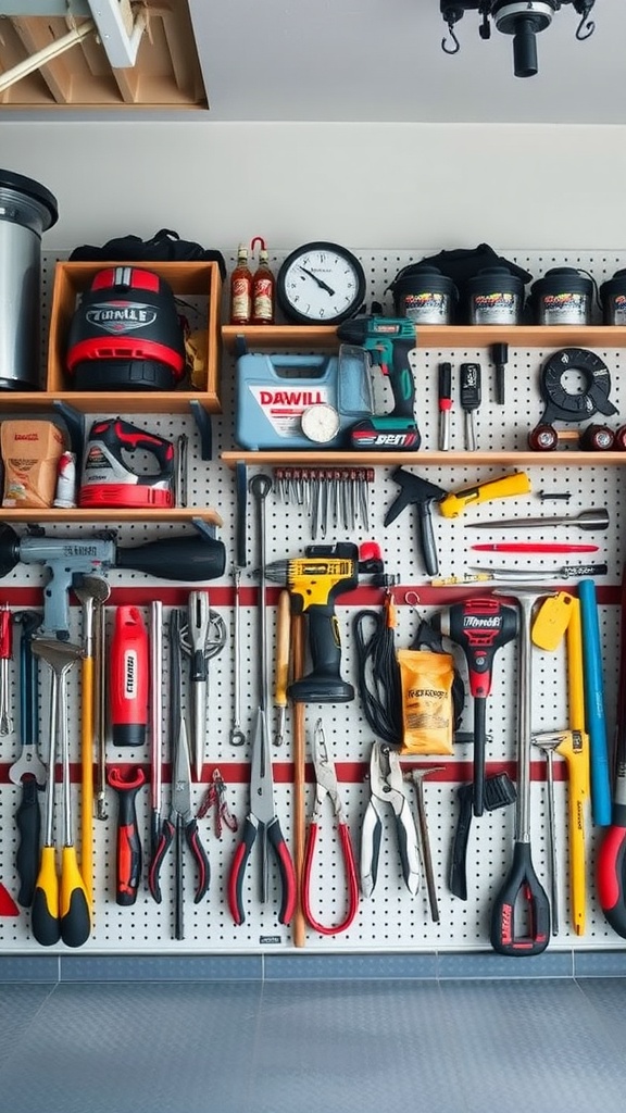 A well-organized garage workshop wall with tools on pegboards and shelves.