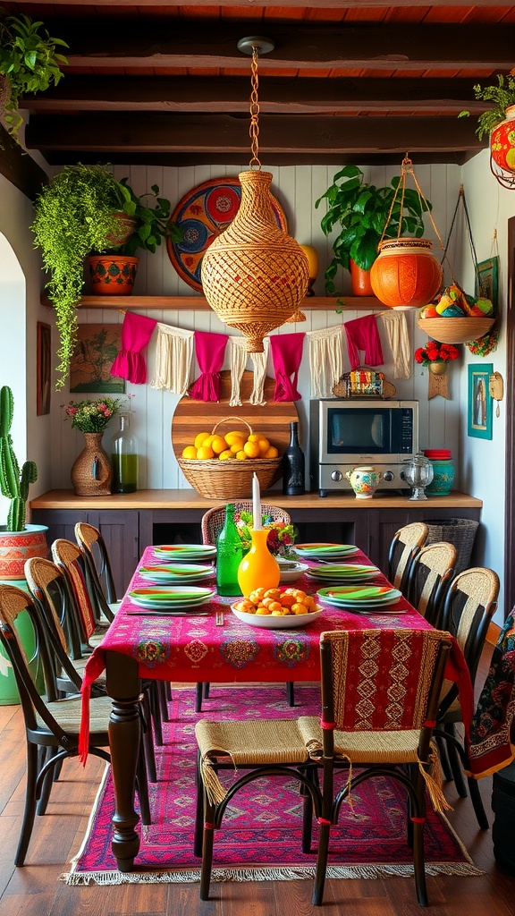 A vibrant dining area featuring a colorful table setting with traditional Mexican decor.