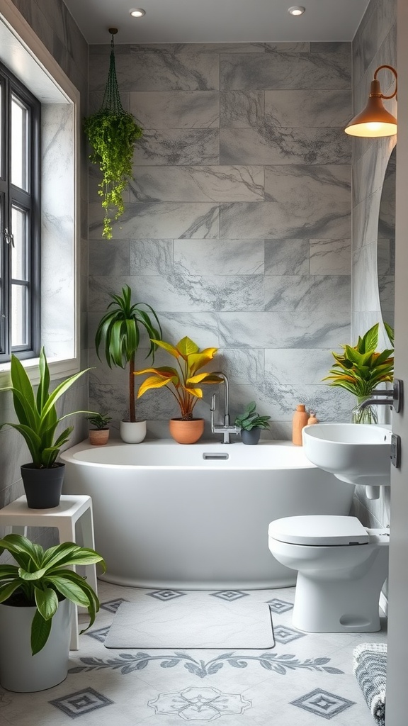 A modern bathroom with grey marble walls and various green plants, featuring a white bathtub and sink.