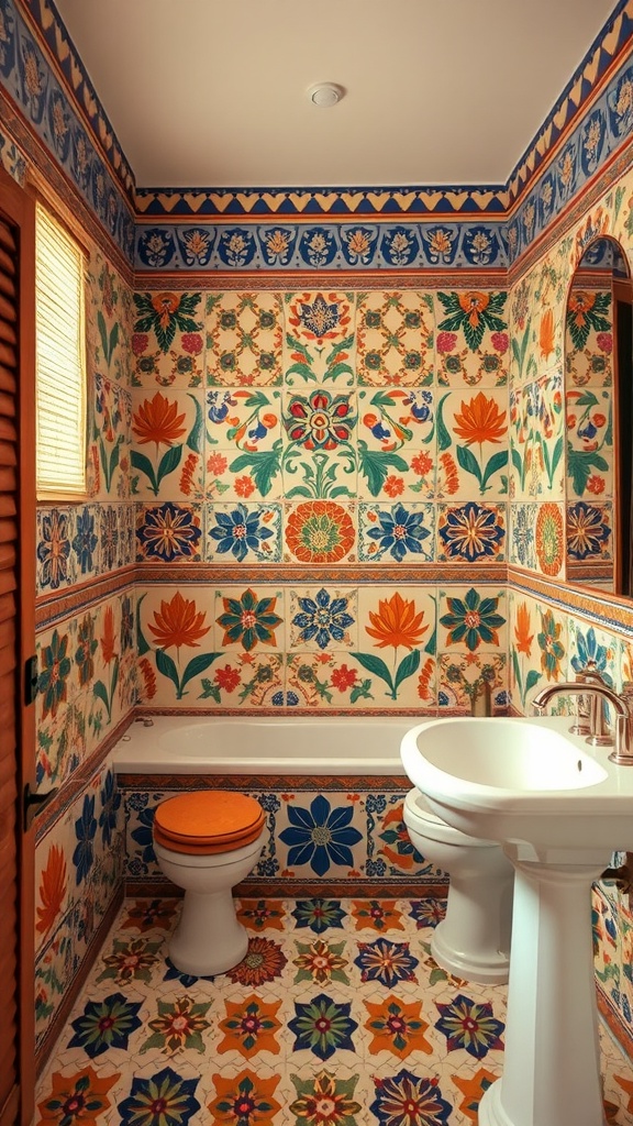 A colorful bathroom featuring vibrant Moroccan tiles with floral and geometric patterns on walls and floor.