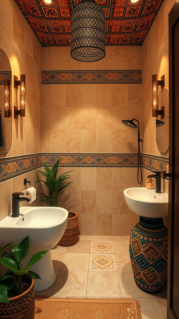 A kids bathroom designed with vibrant tribal patterns on the ceiling and walls, featuring modern fixtures and plants.