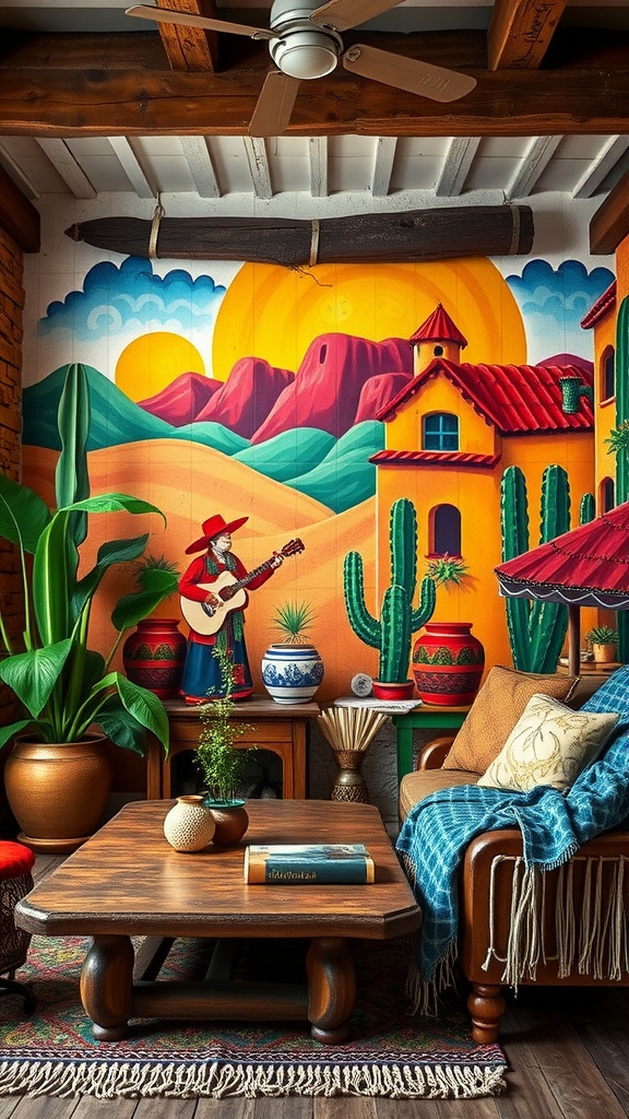 A rustic living room featuring a vibrant wall mural with a musician, mountains, and cacti.