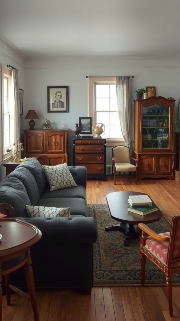 A vintage living room featuring a dark gray couch surrounded by wooden furniture, a coffee table with books, and warm lighting.