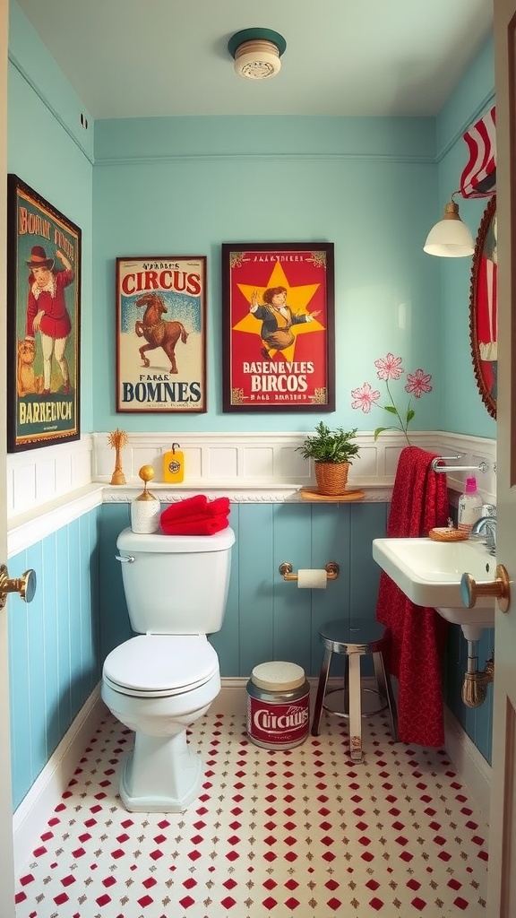 A vintage circus-themed bathroom with light blue walls, colorful circus posters, patterned flooring, and cheerful decor.