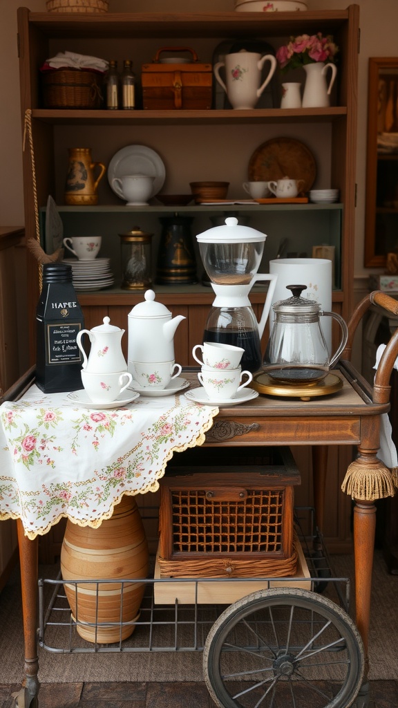 A vintage coffee cart with porcelain cups, a coffee maker, and a floral tablecloth.