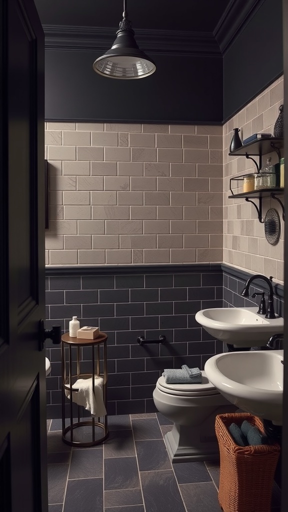 A stylish modern bathroom featuring dark vintage fixtures, dual sinks, and a mix of light and dark tiles.