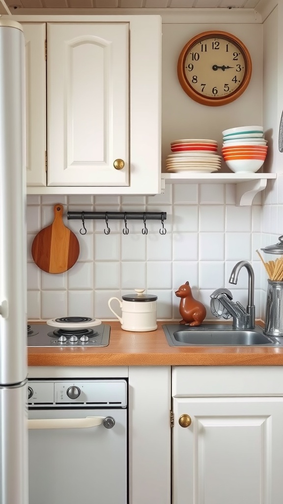 A cozy vintage kitchen corner featuring white cabinets, colorful plates, and a wooden countertop.