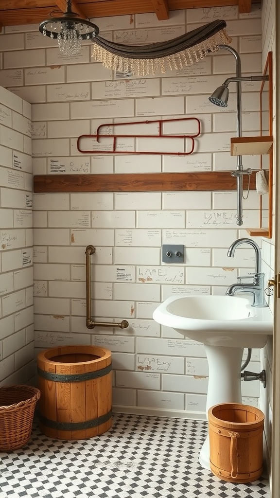 Rustic walk-in shower with vintage farmhouse fixtures, featuring a chandelier, metal piping, and wooden accents.