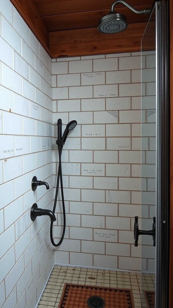 A rustic walk-in shower featuring vintage fixtures and fitting with white tiled walls and dark shower controls