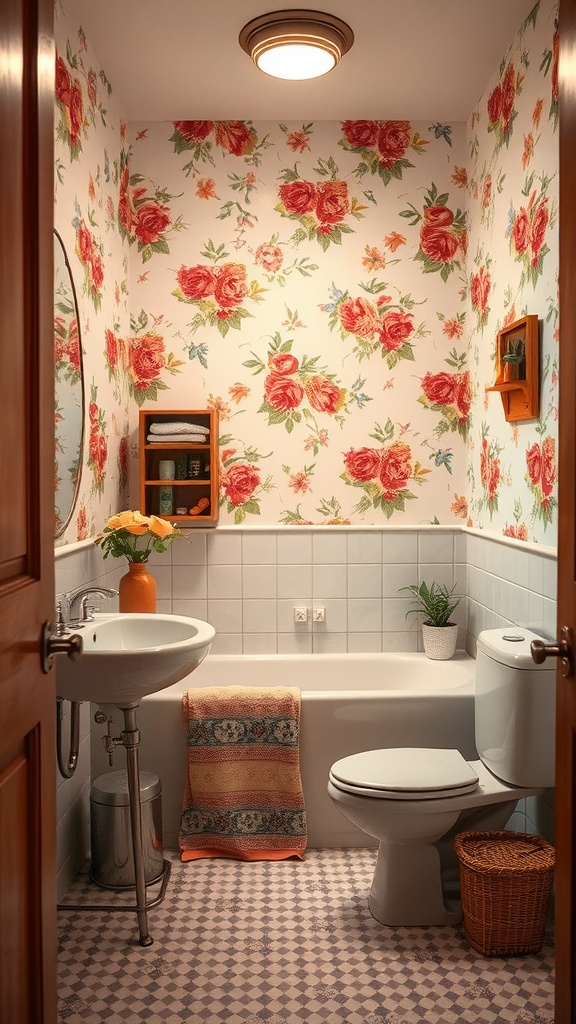 Cozy bathroom featuring vintage floral wallpaper with red roses, white tiles, and wooden decor.