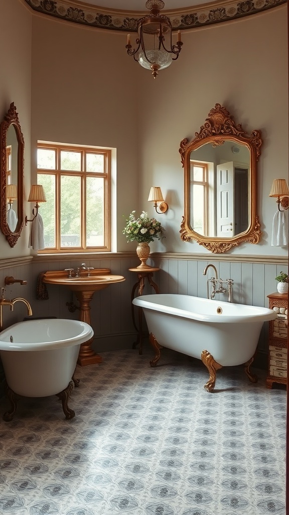 A vintage-style bathroom featuring clawfoot tubs, ornate mirrors, and warm lighting.