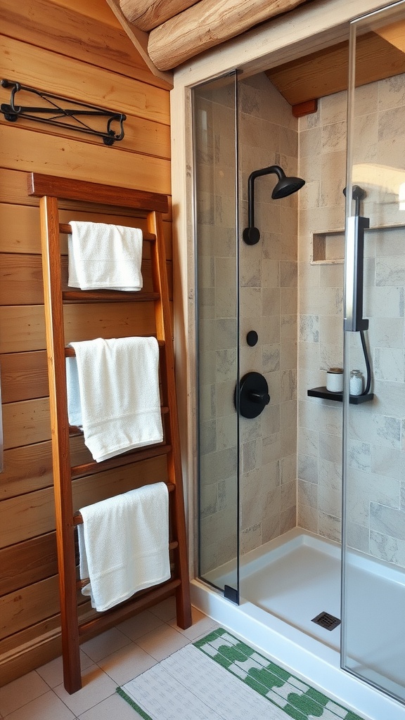 A vintage ladder towel rack holding white towels next to a rustic walk-in shower.