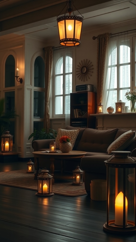 A cozy living room with vintage lantern lighting, featuring a large hanging lantern and smaller lanterns on the floor, creating a warm and inviting atmosphere.