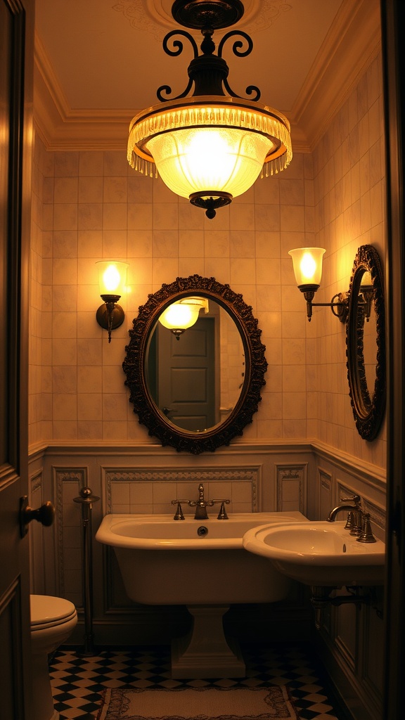 A Victorian bathroom featuring vintage lighting fixtures, including a chandelier and wall sconces.