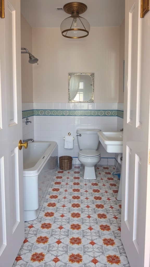 A bathroom with vintage linoleum flooring featuring floral patterns in gray and orange.