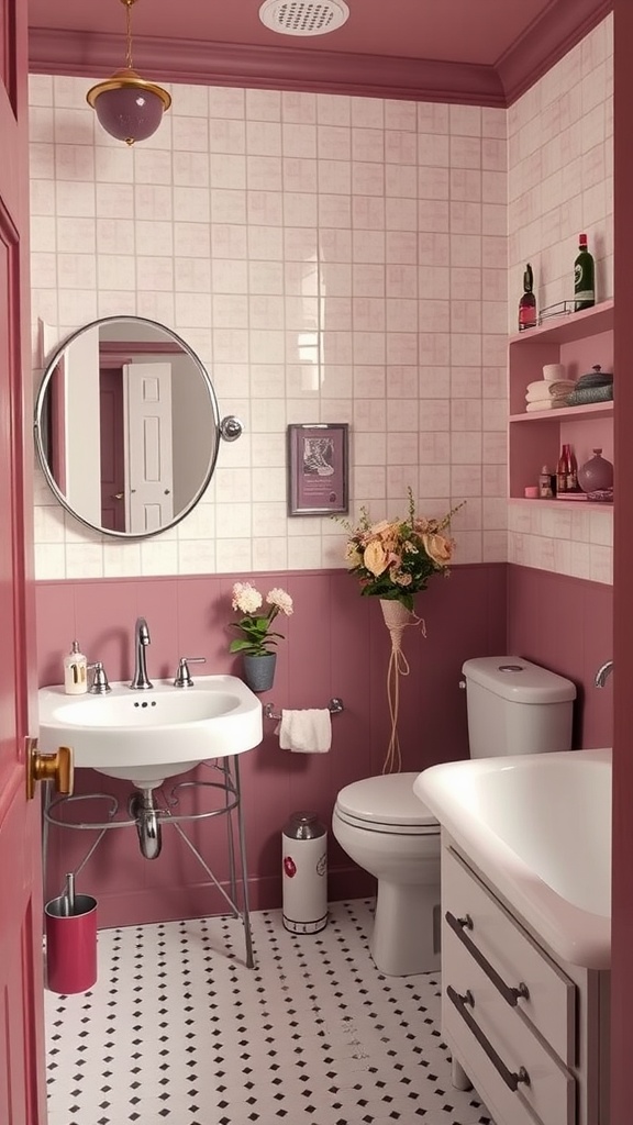 A vintage mauve bathroom featuring a round mirror, floral arrangement, and decorative shelves.