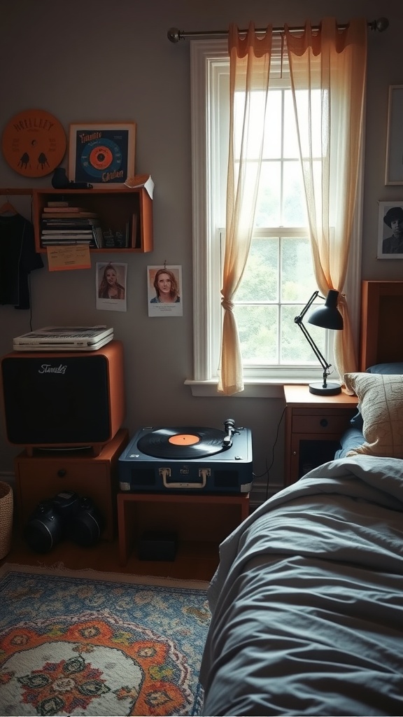 A vintage record player setup in a cozy teen boy bedroom, featuring a stylish turntable, speaker, and warm light from the window.