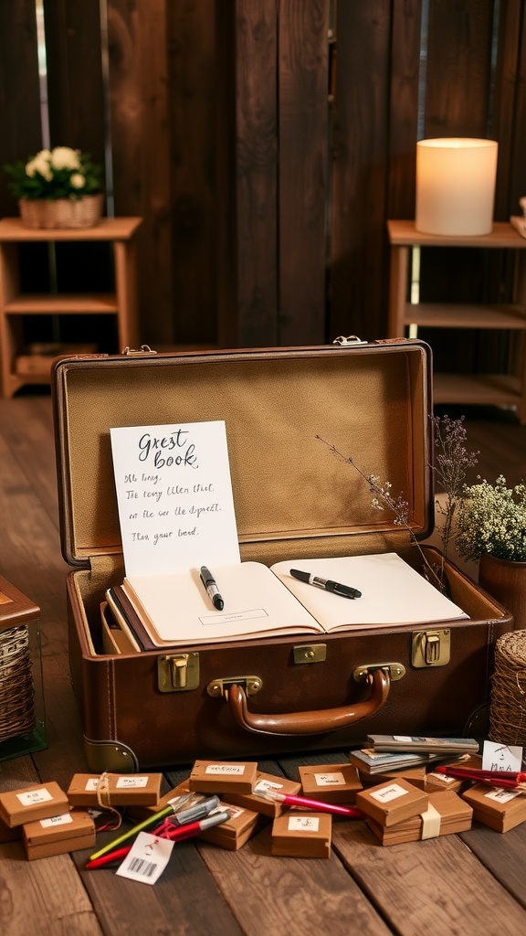 A vintage suitcase guest book setup with a note, pens, and small wooden boxes.