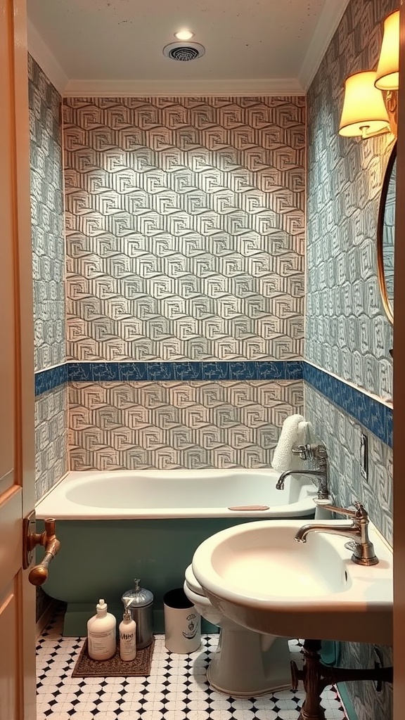 A vintage-style bathroom featuring tin panel walls, a clawfoot tub, and classic fixtures.