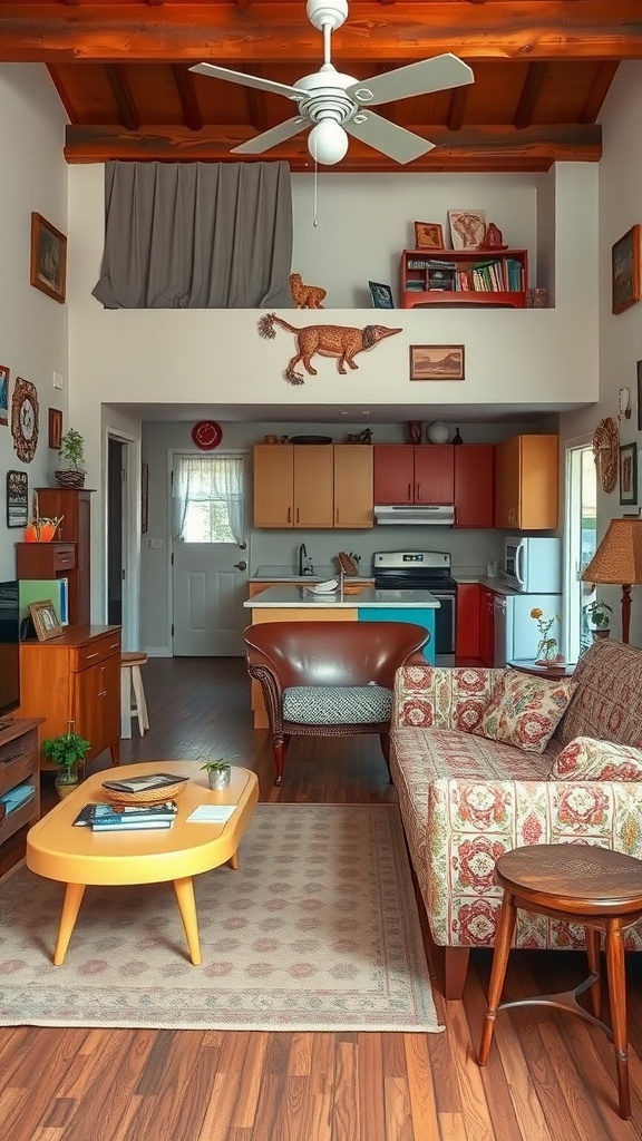 Cozy living room and kitchen with vintage decor, featuring a floral patterned sofa, yellow coffee table, and colorful kitchen cabinets.